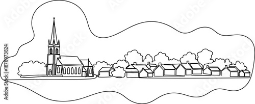 Vector illustration of village scene icon with church steeple, houses, trees, silhouette style, and peaceful countryside design element