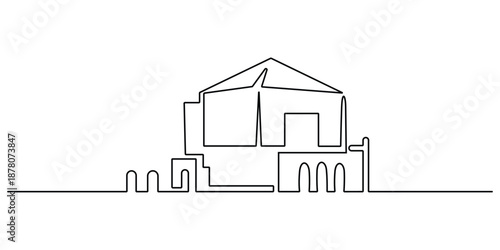 Minimalist continuous line drawing of the exterior of a building, museum or art gallery vector illustration