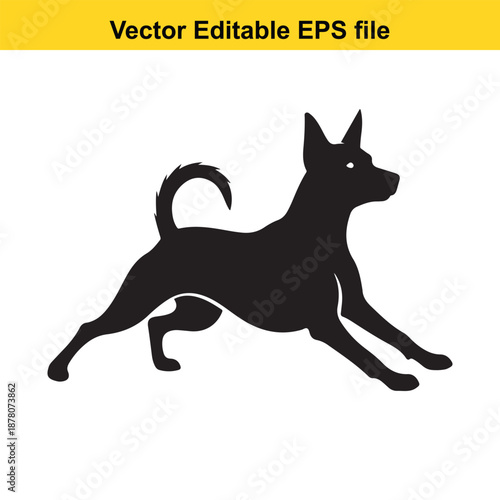 Simple black silhouette of a small trotting dog isolated on white, active domestic pet vector graphic illustration
