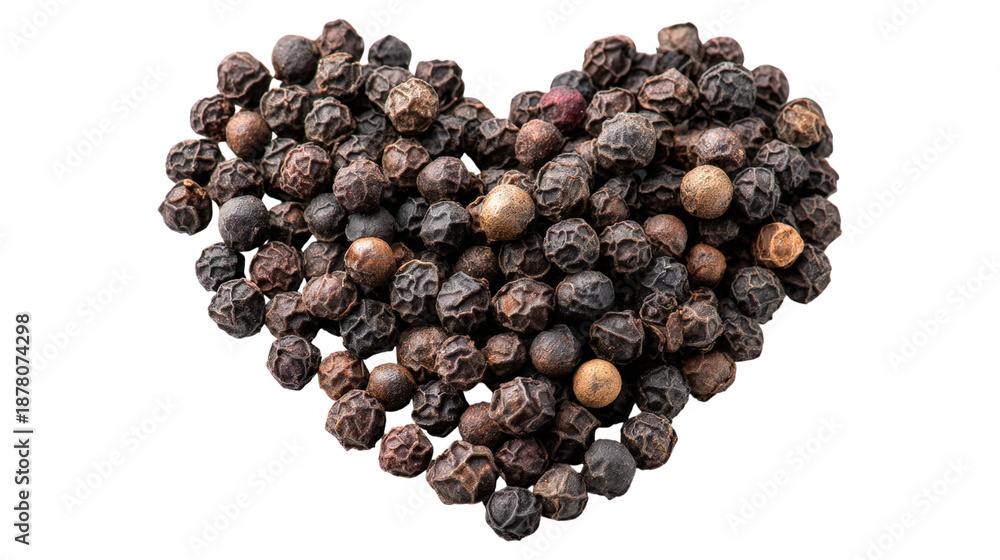 Fototapeta premium Pile of aromatic black peppercorns forming heart shape on transparent backdrop