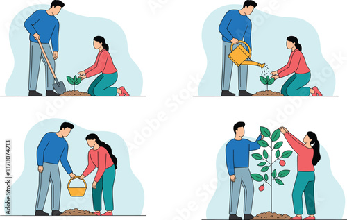 Cartoon plant care and growth sequence with teamwork, showing planting, watering, fruit tending, and mature harvest scene.