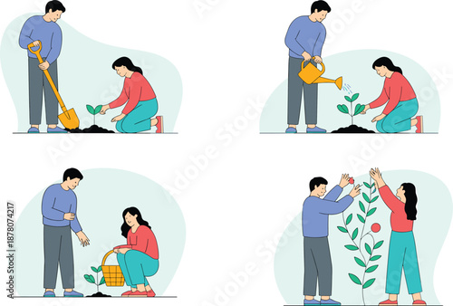 Cartoon plant care and harvest sequence with teamwork, showing planting, watering, fruit picking, and tending mature tree.