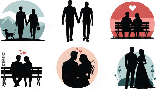 Cartoon romantic couple icon set with love scenes, bench moments, nature walk, heart symbols, and affectionate poses.