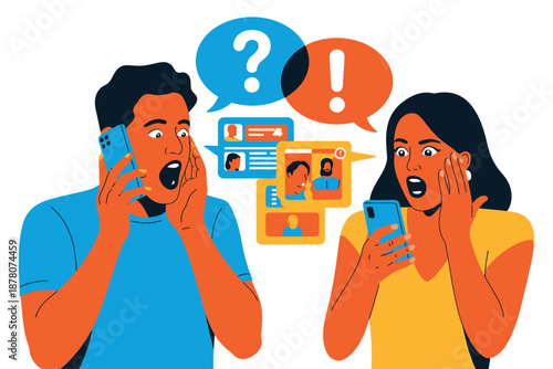 A man and woman look shocked while talking on their phones with social media icons floating in the air.