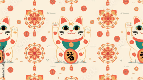 Template of a Chinese lucky cat pattern with a flat design, featuring a stylized Maneki-Neko with vibrant colors, bold lines, and a two-dimensional
