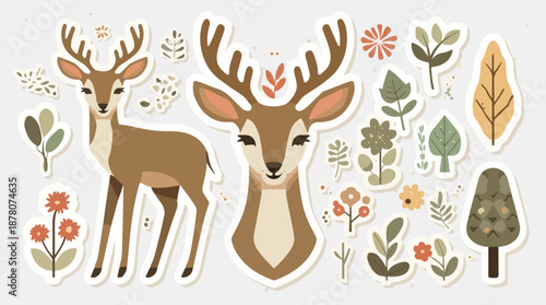 Vector illustration template set featuring a sticker design of a deer created with a flat design aesthetic, characterized by simple shapes and bold lines