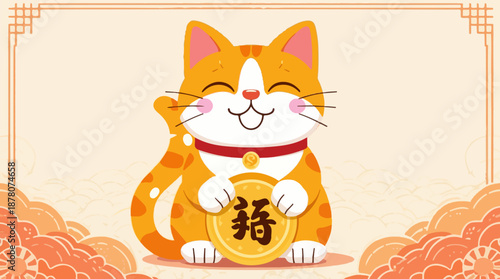Vector illustration of a Chinese lucky cat with a flat design, featuring a vibrant orange tabby cat with bright white patches, a distinctive pink nose