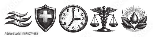 Set of black and white healthcare icons including water, health shield, clock, scales of justice and plant drop. Used for health, wellness, time, law and nature concepts.
