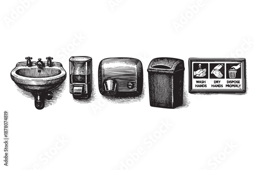Hand-drawn black and white illustration of a restroom, featuring a sink, soap dispenser, hand dryer, trash can, and hygiene sign. Ideal for infographics or informational materials.