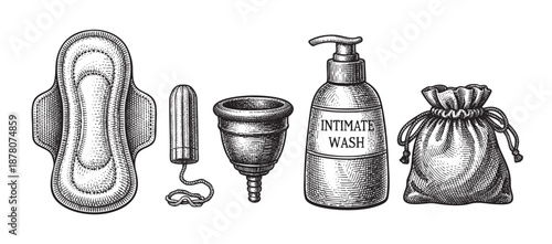 Hand-drawn engraved style illustration of feminine hygiene products including a pad, tampon, menstrual cup, intimate wash and bag arranged isolated on white.