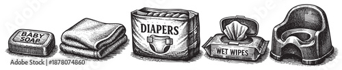 Black and white engraving-style illustration of essential baby care items, featuring baby soap, cloths, diapers, wet wipes, and a potty training toilet.