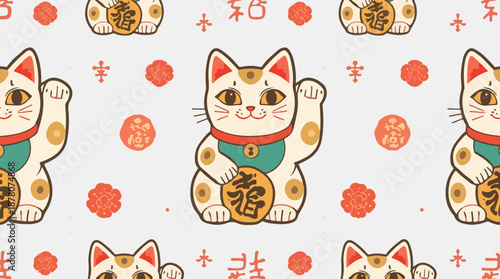 Vector  template of a Chinese lucky cat pattern with a flat design, featuring a stylized Maneki-Neko with vibrant colors, bold lines, and a two-dimensional