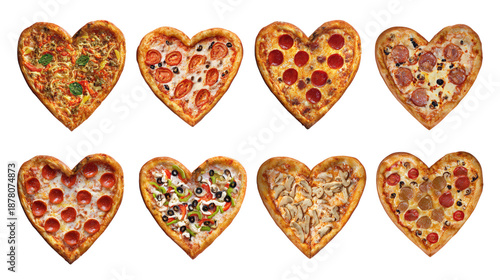 Selection of heart shaped pizzas isolated on transparent background for project