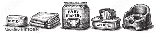 Baby care products like soap, diapers, wipes, towels and a potty are displayed in a vintage engraved line art style.