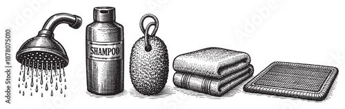 Black and white illustration of bathroom elements including shower head, shampoo, sponge, towels and bath mat in a vintage style.