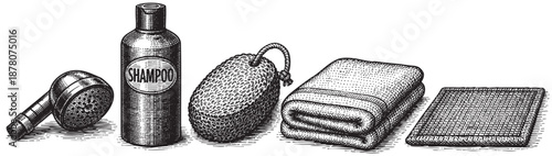 This illustration showcases bathroom accessories like a shampoo bottle, showerhead, towel, loofah, and mat in a vintage engraved style, ideal for hygiene and wellness themes.