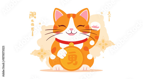  illustration of a Chinese lucky cat with a flat design, featuring a vibrant orange tabby cat with bright white patches, a distinctive pink nose