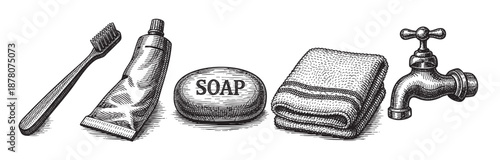 Black and white illustration of bathroom items: toothbrush, toothpaste, soap, towel and faucet in engraving style, useful for cleaning or personal care themes.
