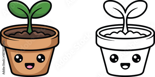 Cute smiling potted plant illustration set with color and outline versions, kawaii houseplant character design for gardening, kids education, stickers, and icon use