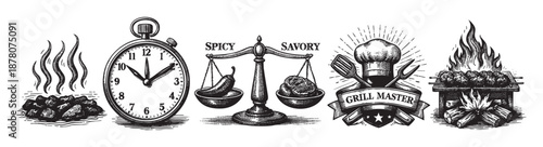 Black and white engraving shows grilling elements: time, spicy pepper, savory meat, chef tools and fire, for barbecue and grilling themes.