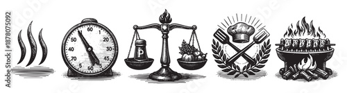 Black and white vector graphic features cooking related symbols, including smoke, timer, scales, chef's hat, and grilling, perfect for culinary designs.
