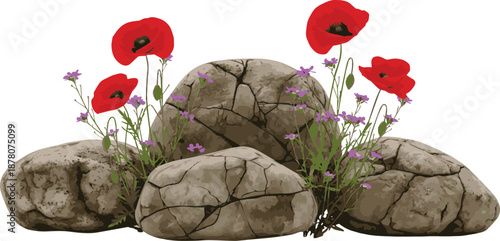 Stylized Vector Illustration of Red Poppies and Small Purple Flowers Growing Around Cracked Rocks