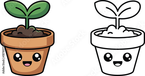 Cute smiling potted plant illustration with color and outline versions, kawaii houseplant character for stickers, kids education, gardening icons, and playful design projects