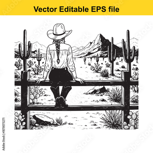 a lone cowgirl sitting on a rustic wooden fence, gazing out at a vast desert landscape