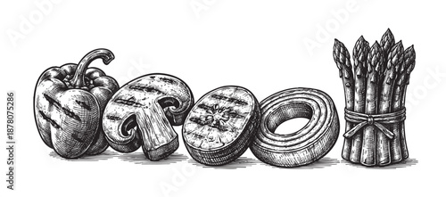 Detailed hand-drawn illustration of grilled pepper, mushroom, zucchini, and asparagus, showcasing fresh vegetables. Use for restaurant, food, nutrition, and healthy lifestyle design.
