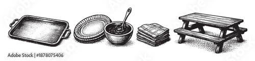 Black and white still life illustration of a picnic with baking dish, plates, sauce, waffles, and picnic table on a white background, perfect for design and art.