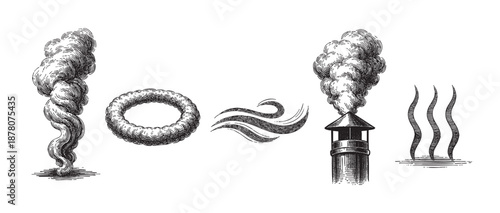 Vector illustration showing various smoke, steam and air elements with engraving style, isolated on a white background. Could be used for many design purposes.