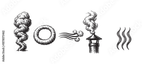 A set of five black and white vector illustrations of smoke, steam, and wind isolated on a white background, suitable for vintage-style designs.