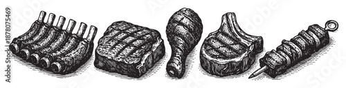 An illustration of assorted meats like ribs, steak, and kebab is drawn in a vintage style that has a detailed and rich texture.