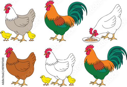 Cute Farm Chicken Outline Icon Set Hen, Rooster, and Chick Characters