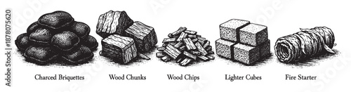 A detailed black and white illustration showcasing different charcoal briquettes, wood chunks, lighter cubes, and fire starter, perfect for barbecue-themed content.