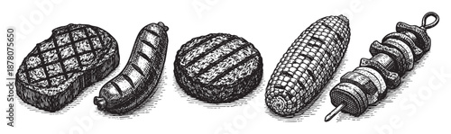 Black and white drawing of a grilled steak, sausage, burger, corn, and shish kebab for grilling, barbecues, and cooking concepts.