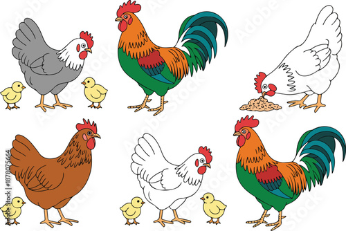 Cute Farm Chicken Outline Icon Set Hen, Rooster, and Chick Characters