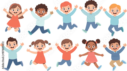 Happy kids jumping illustration set showing diverse children characters with joyful expressions for education, childhood activities, kids events, school design, and playful concepts