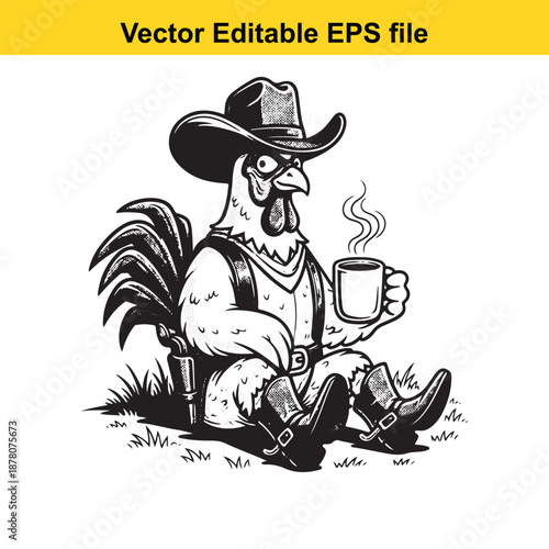 Rooster cowboy character sitting on grass drinking hot coffee wearing hat and leather boots