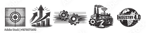 Black and white illustration featuring a target, growth graph, gears, factory with wifi, and the Industry 4.0 logo, symbolizing modern technology.