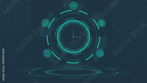 Advanced futuristic technology background with glowing circular HUD interface clock elements and digital icons perfect for innovation analytics science and tech projects