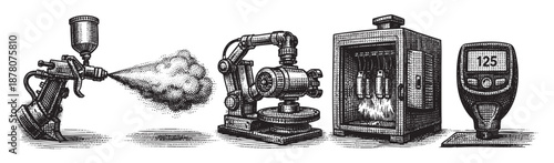 An illustrative rendering of automated spray painting equipment, featuring a spray gun, robot arm, paint booth, and thickness gauge in a black and white sketch style.