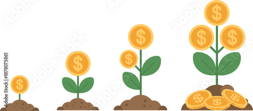Money plant growth stages illustration showing investment progress, profit increase, financial success, income growth, wealth accumulation, and business development concept
