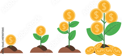 Money growth concept illustration showing investment stages, financial success, profit increase, income growth, and wealth accumulation using coin plant metaphor