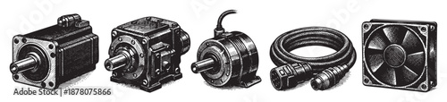 Detailed black and white illustration depicts a collection of mechanical equipment, with a classic, technical drawing style on a clean, white background.