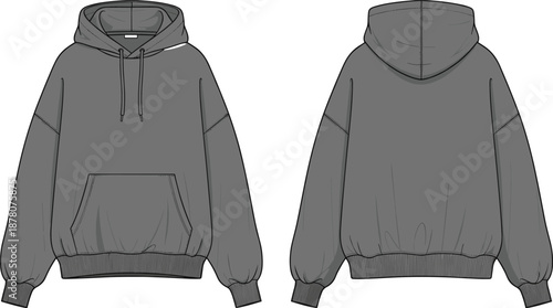 Oversized Drop Shoulder Hoodie Technical Flat Sketch Vector Template with Front and Back View for Streetwear Apparel Design and Tech Packs