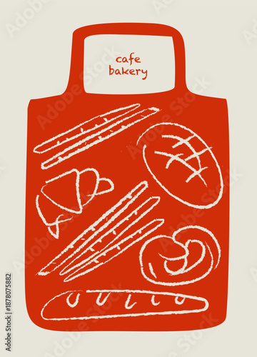 Bakery Cafe Illustration - Reusable Shopping Bag Design with Bread and Pastries. Charming minimalist illustration featuring a white reusable tote bag filled with hand-drawn bakery items 
