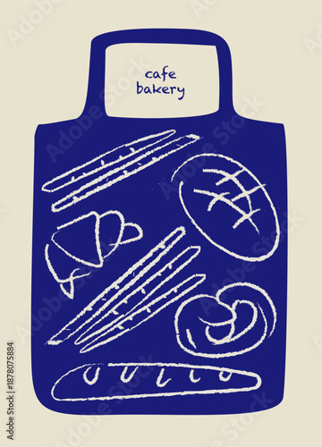 Bakery Cafe Illustration - Reusable Shopping Bag Design with Bread and Pastries. Charming minimalist illustration featuring a white reusable tote bag filled with hand-drawn bakery items 
