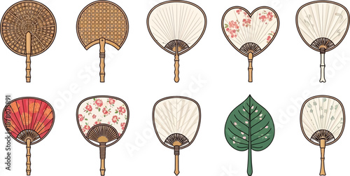 Set of hand fan flat line style icons with bamboo, wood, and floral decorative elements