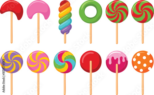 Cute Candy Lollipop Outline Icon Set  Sweet Round Treats and Fun Patterns